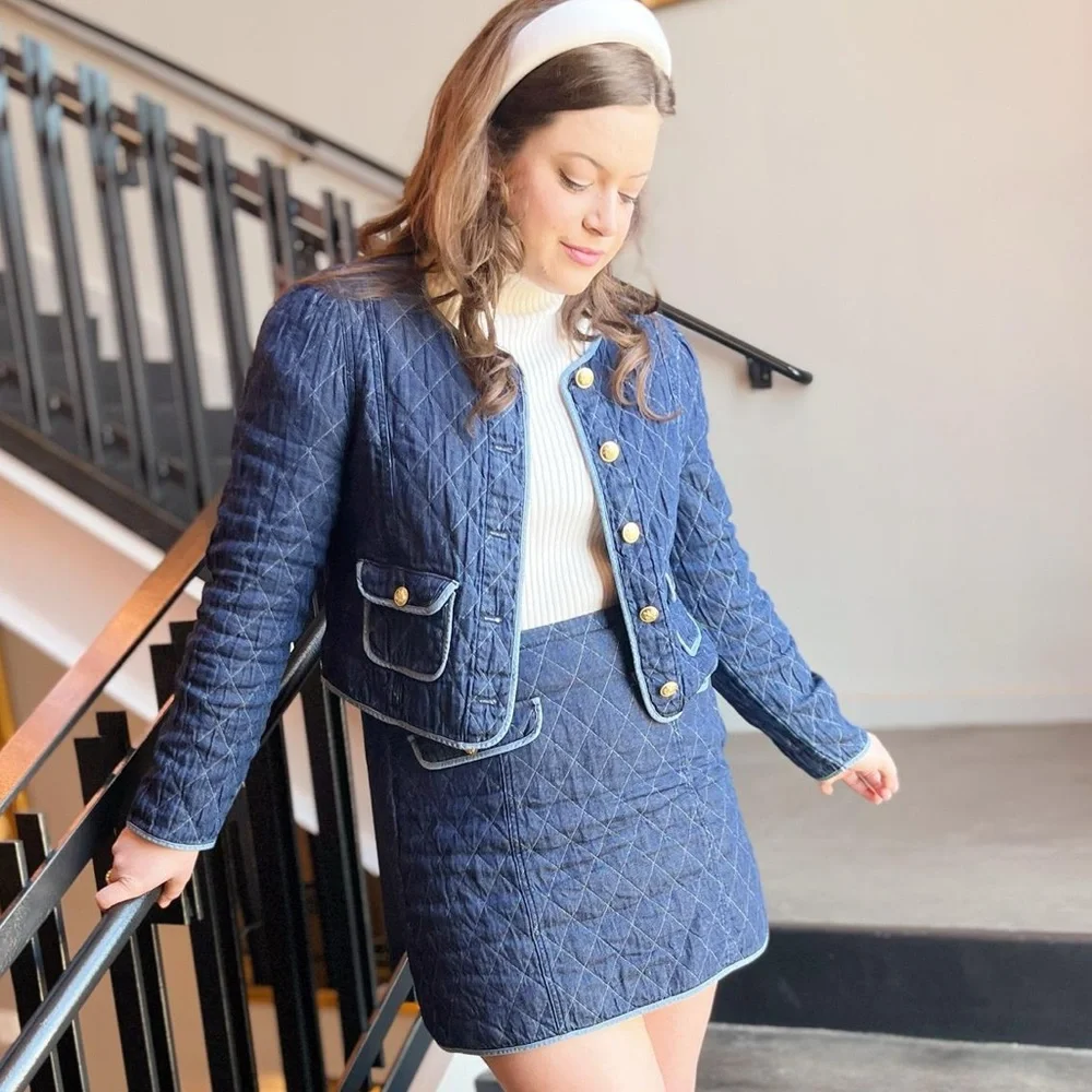 NWT J.Crew Quilted denim lady jacket and skirt‎ set Size 0